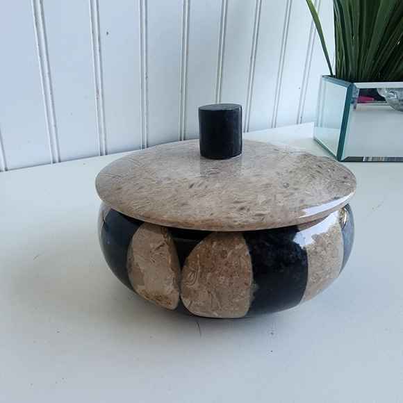 Unique Black & Brown Stone Checker Bowl Lid In Marble & Onyx 4.5” - Picture 3 of 10